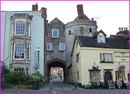 Broad Gate, Ludlow, Shropshire, showing a composite of buildings from many different eras.