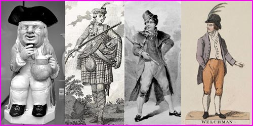 Examples of developing stereotypes include a Toby Jug representing an Englishman (left), a proud Scot in regimental dress (centre left), an Irish lad with hat at a jaunty angle (centre right) and a man from Wales (right) featuring a leek in his hat.